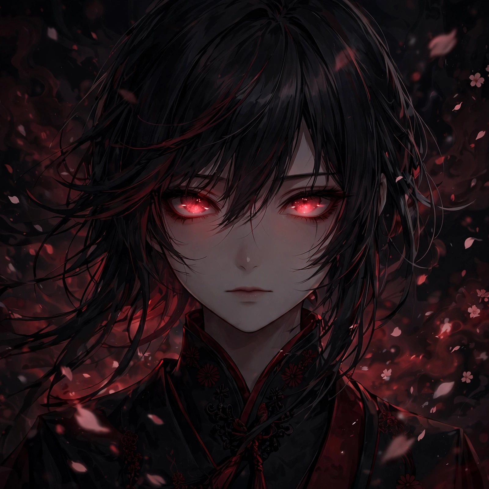 Dark aesthetic anime profile picture of an anime girl with glowing red eyes and drifting cherry blossom petals