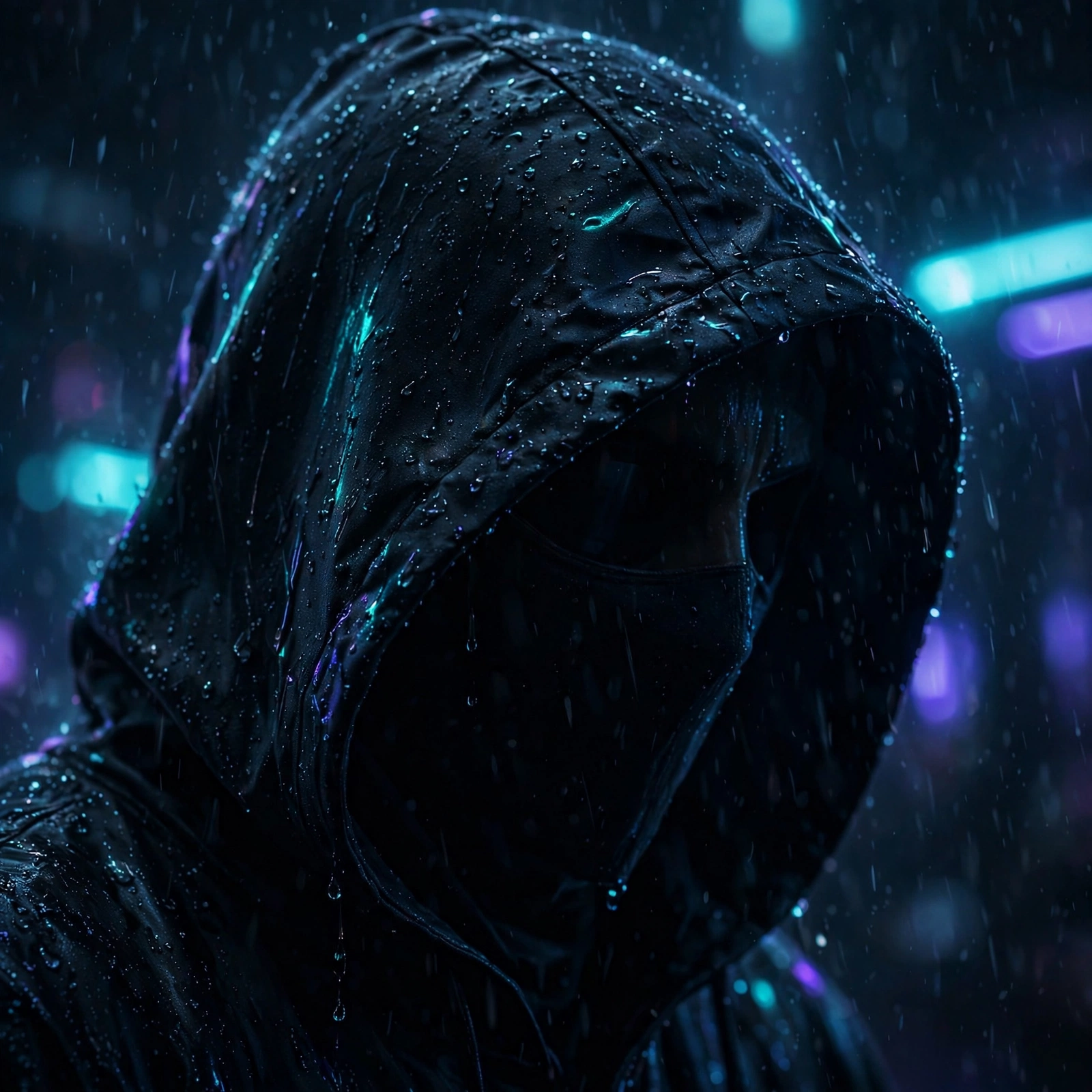 Mysterious hooded figure in dim blue-black light with rain droplets and faint neon reflections