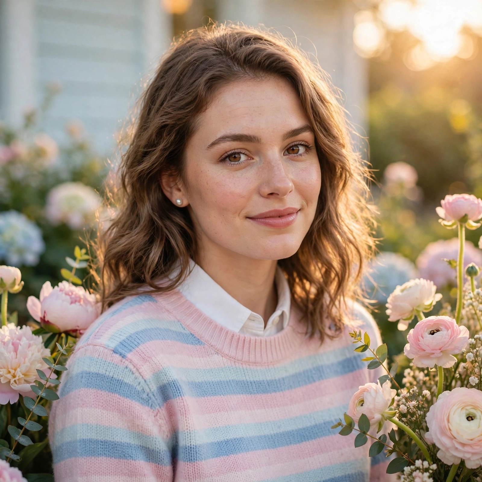 Preppy portrait setting with a striped sweater, fresh flowers and warm golden hour light
